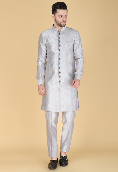 Embroidered Art Silk Sherwani in Light Grey and Blue