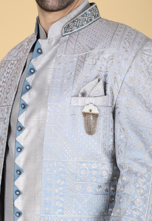 Embroidered Art Silk Sherwani in Light Grey and Blue