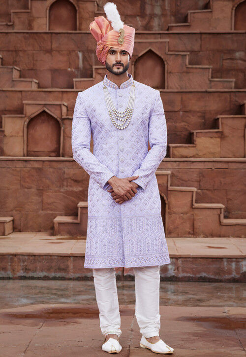 Embroidered Art Silk Sherwani in Light Purple