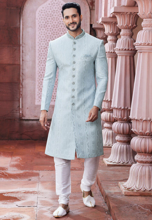 Buy Embroidered Art Silk Sherwani in Light Sky Blue Online MLY1722 Utsav Fashion