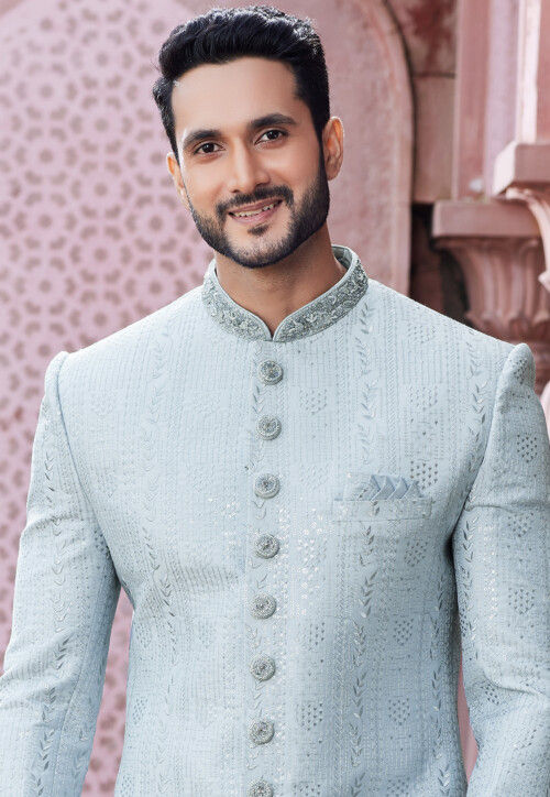 Embroidered Art Silk Sherwani in Light Sky Blue