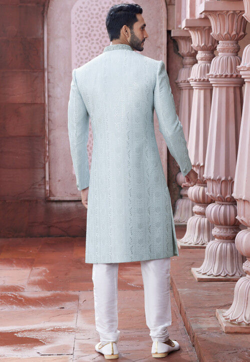 Embroidered Art Silk Sherwani in Light Sky Blue