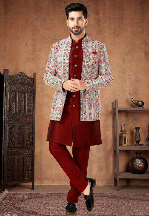 Embroidered Art Silk Sherwani in Maroon