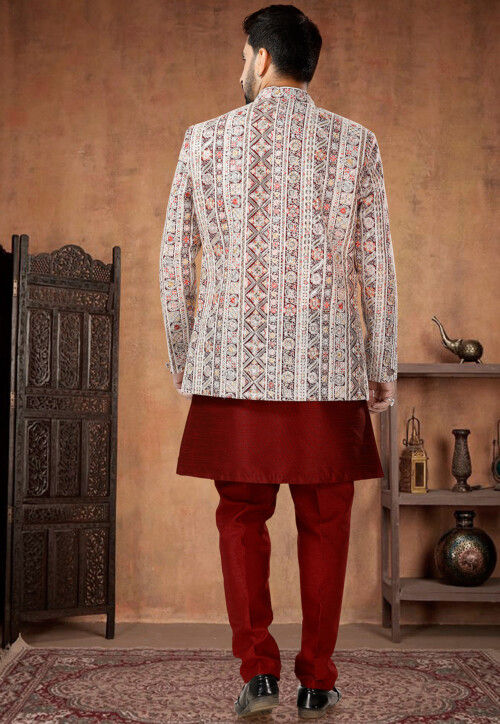 Embroidered Art Silk Sherwani in Maroon
