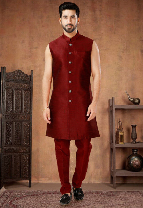 Embroidered Art Silk Sherwani in Maroon
