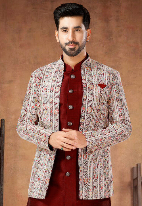 Embroidered Art Silk Sherwani in Maroon