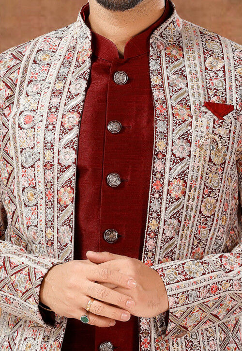 Embroidered Art Silk Sherwani in Maroon