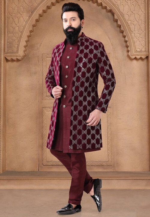 Embroidered Art Silk Sherwani in Maroon