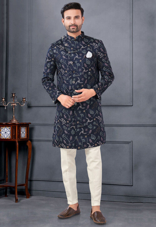 Embroidered Art Silk Sherwani in Navy Blue