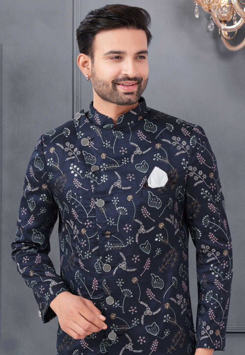 Embroidered Art Silk Sherwani in Navy Blue