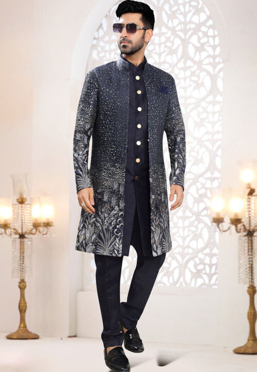 Embroidered Art Silk Sherwani in Navy Blue