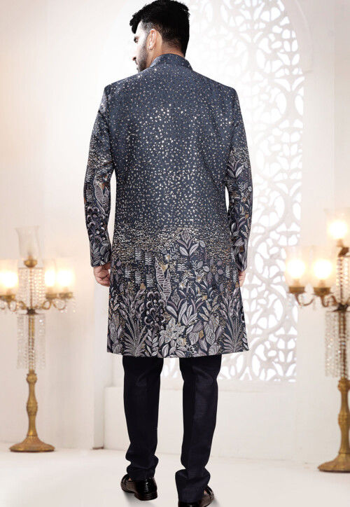 Embroidered Art Silk Sherwani in Navy Blue