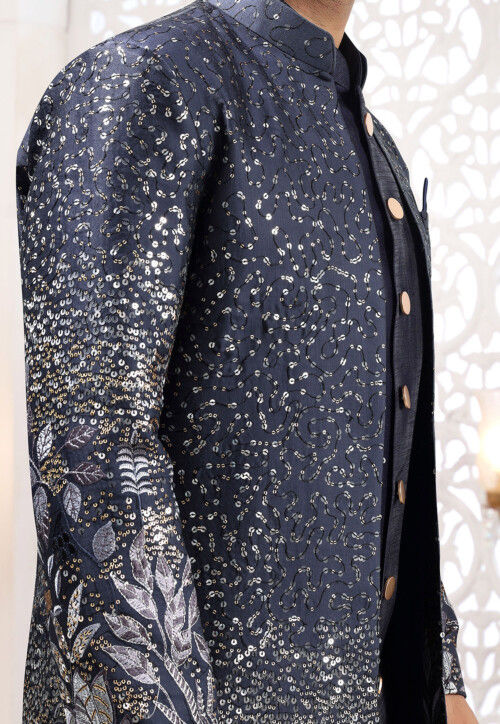 Embroidered Art Silk Sherwani in Navy Blue