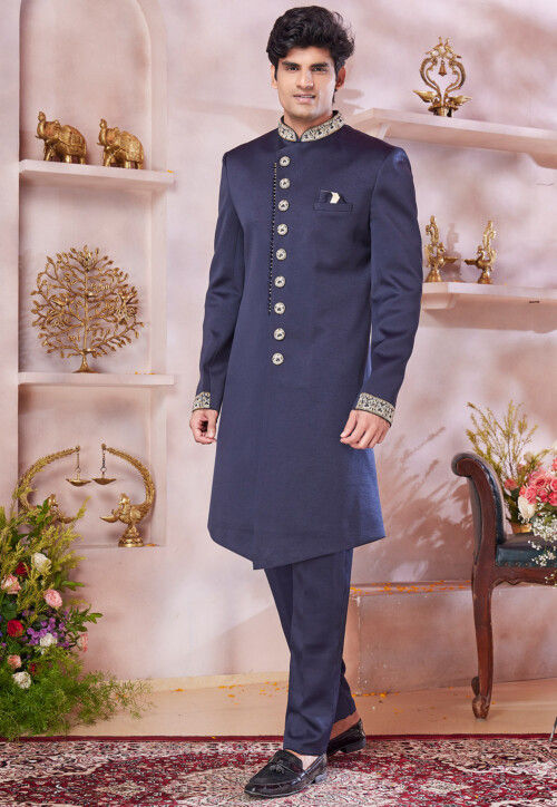 Embroidered Art Silk Sherwani in Navy Blue