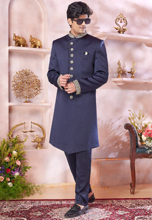 Embroidered Art Silk Sherwani in Navy Blue