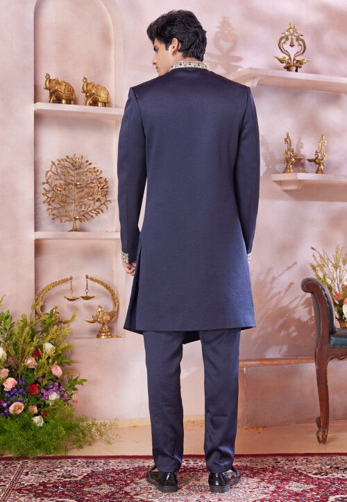 Embroidered Art Silk Sherwani in Navy Blue