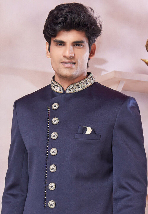 Embroidered Art Silk Sherwani in Navy Blue
