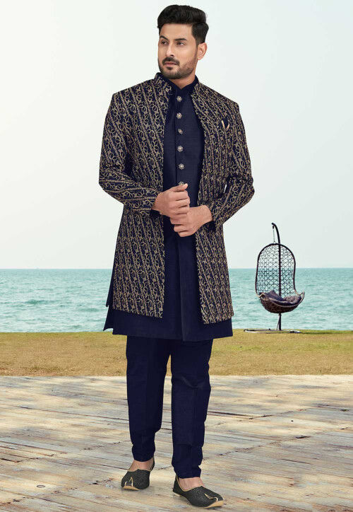 Embroidered Art Silk Sherwani in Navy Blue
