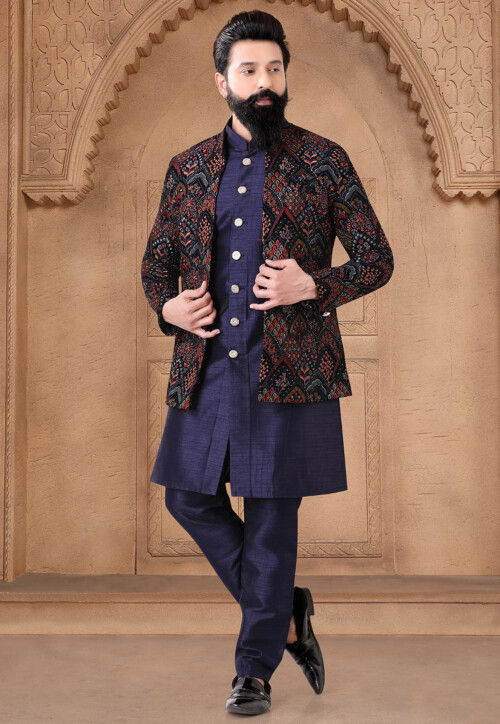 Embroidered Art Silk Sherwani in Navy Blue
