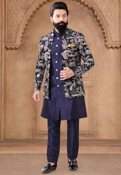 Embroidered Art Silk Sherwani in Navy Blue