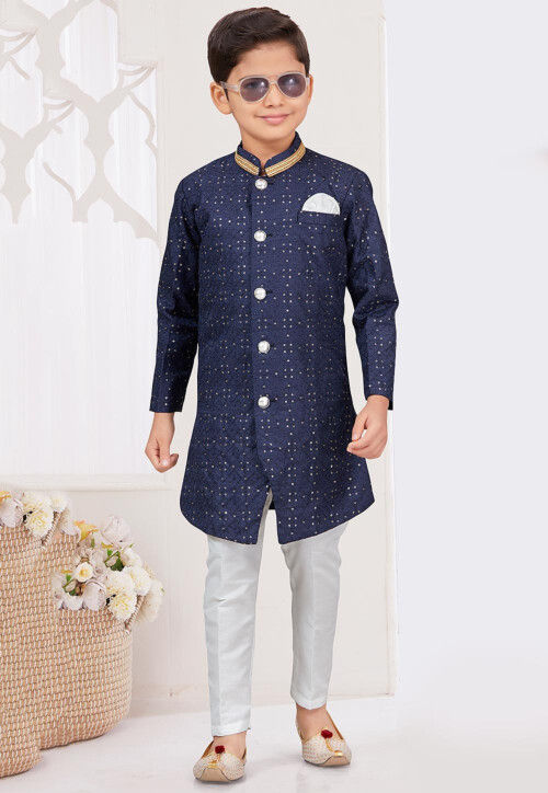 Embroidered Art Silk Sherwani in Navy Blue