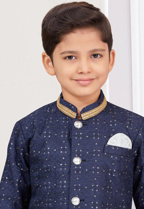 Embroidered Art Silk Sherwani in Navy Blue