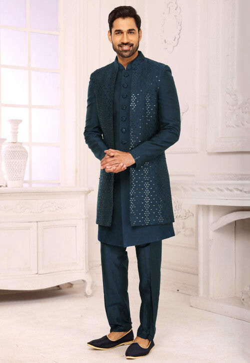 Embroidered Art Silk Sherwani in Navy Blue