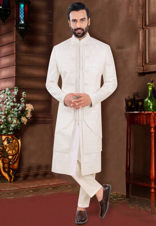 Embroidered Art Silk Sherwani in Off White