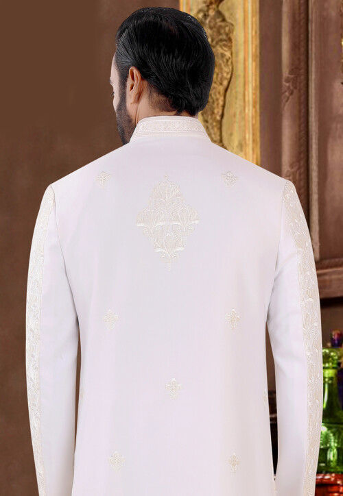 Embroidered Art Silk Sherwani in Off White