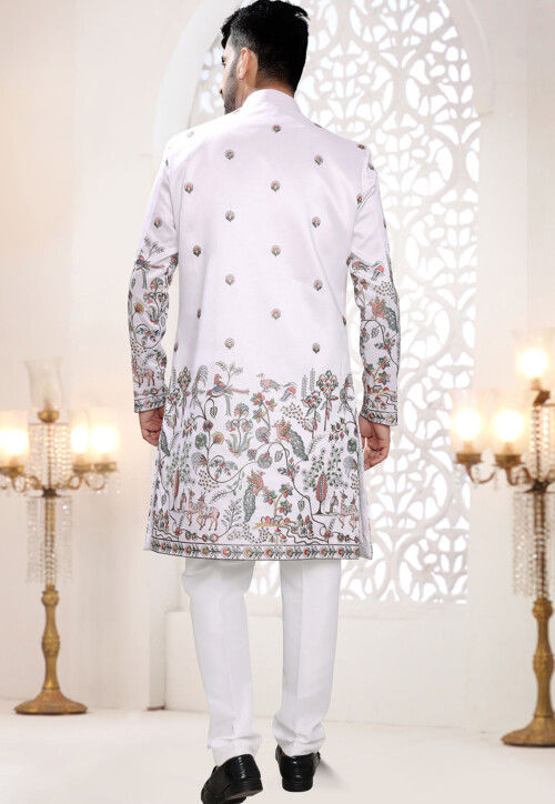 Embroidered Art Silk Sherwani in Off White