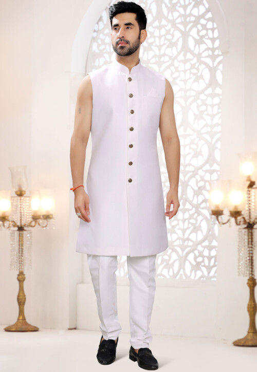 Embroidered Art Silk Sherwani in Off White