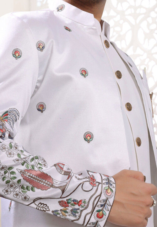 Embroidered Art Silk Sherwani in Off White