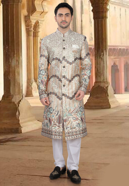 Embroidered Art Silk Sherwani in Off White