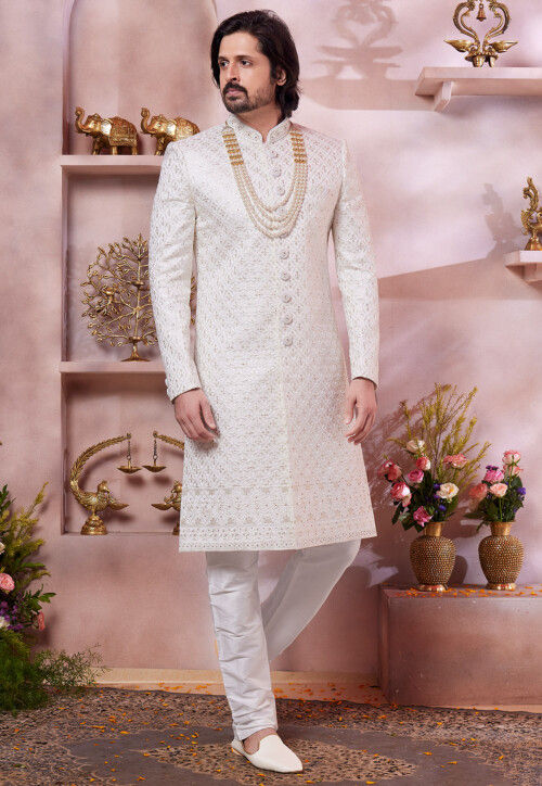 Embroidered Art Silk Sherwani in Off White