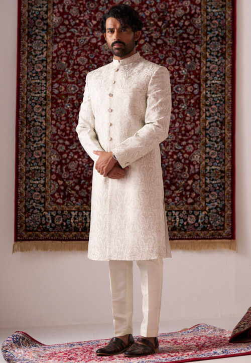 Embroidered Art Silk Sherwani in Off White