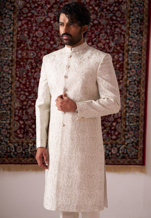 Embroidered Art Silk Sherwani in Off White
