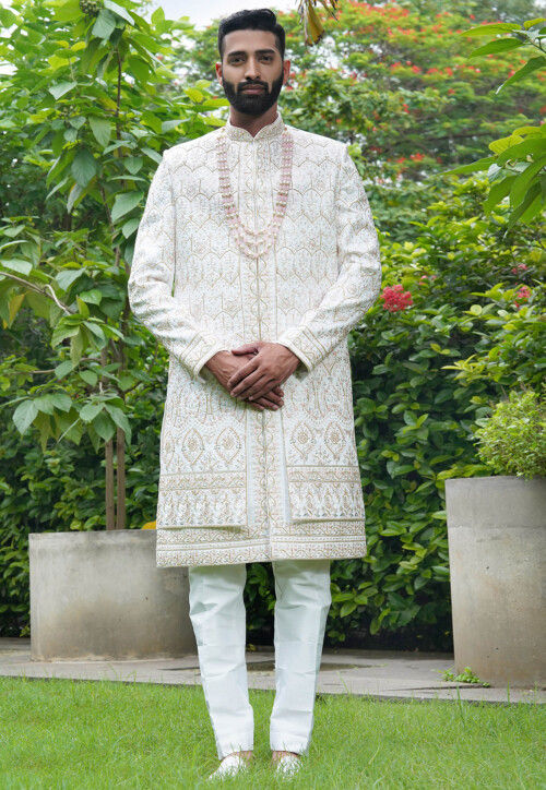 Embroidered Art Silk Sherwani in Off White