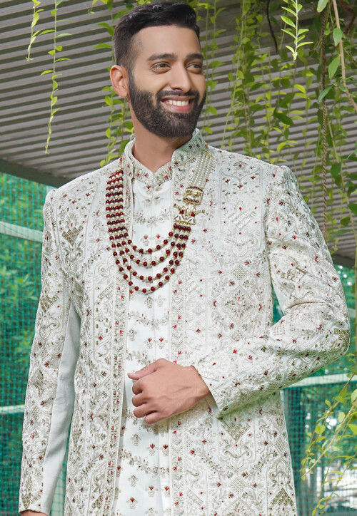 Embroidered Art Silk Sherwani in Off White