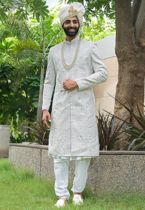 Embroidered Art Silk Sherwani in Off White