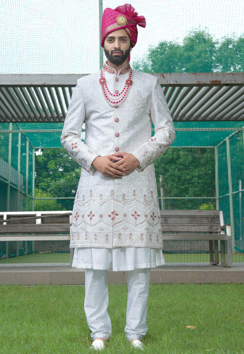 Embroidered Art Silk Sherwani in Off White