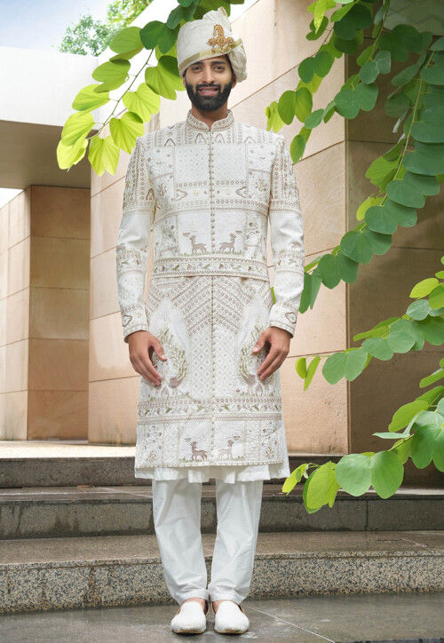 Embroidered Art Silk Sherwani in Off White