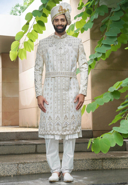 Embroidered Art Silk Sherwani in Off White