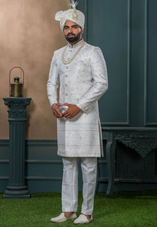 Embroidered Art Silk Sherwani in Off White