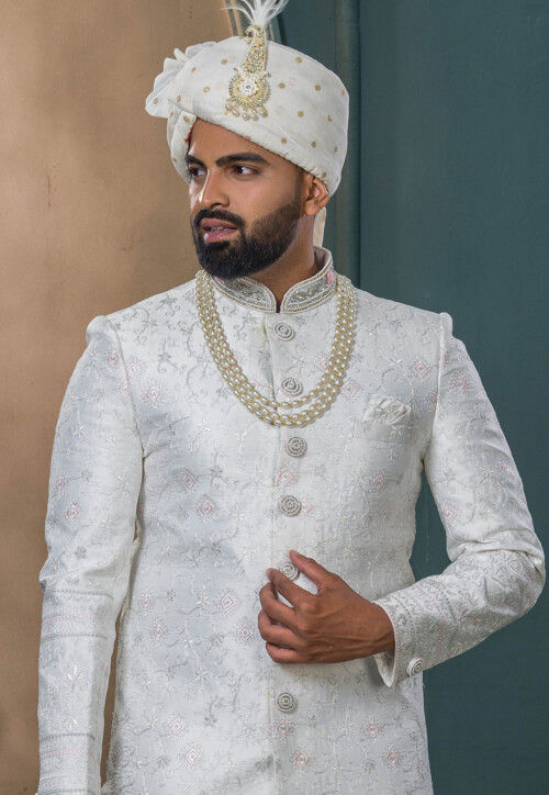 Embroidered Art Silk Sherwani in Off White