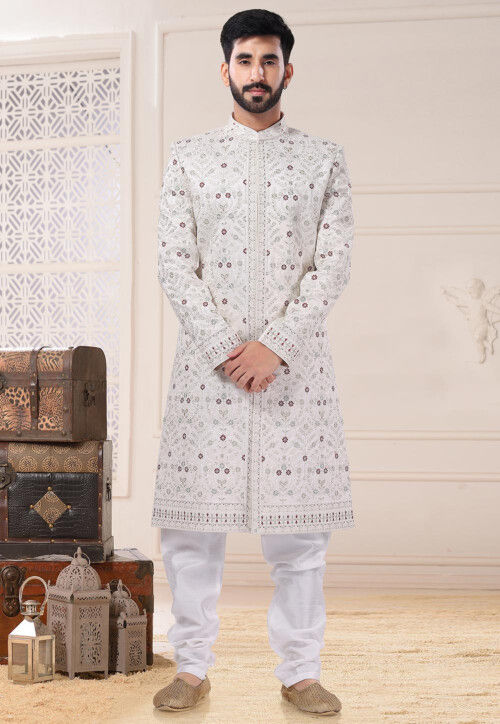 UtsavFashion Embroidered Art Silk Sherwani in Off White