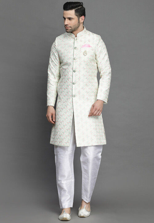 Embroidered Art Silk Sherwani in Off White