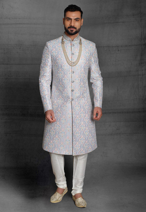Embroidered Art Silk Sherwani in Off White