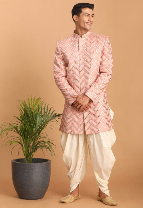 Embroidered Art Silk Sherwani in Peach Pink
