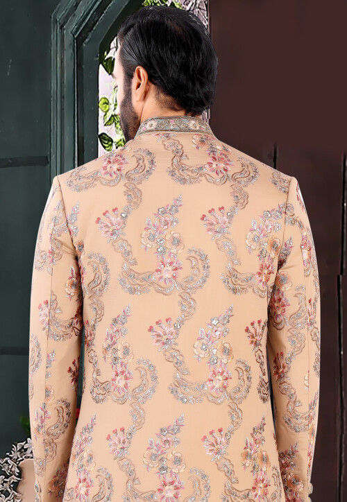 Embroidered Art Silk Sherwani in Peach