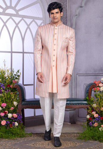 Embroidered Art Silk Sherwani in Peach